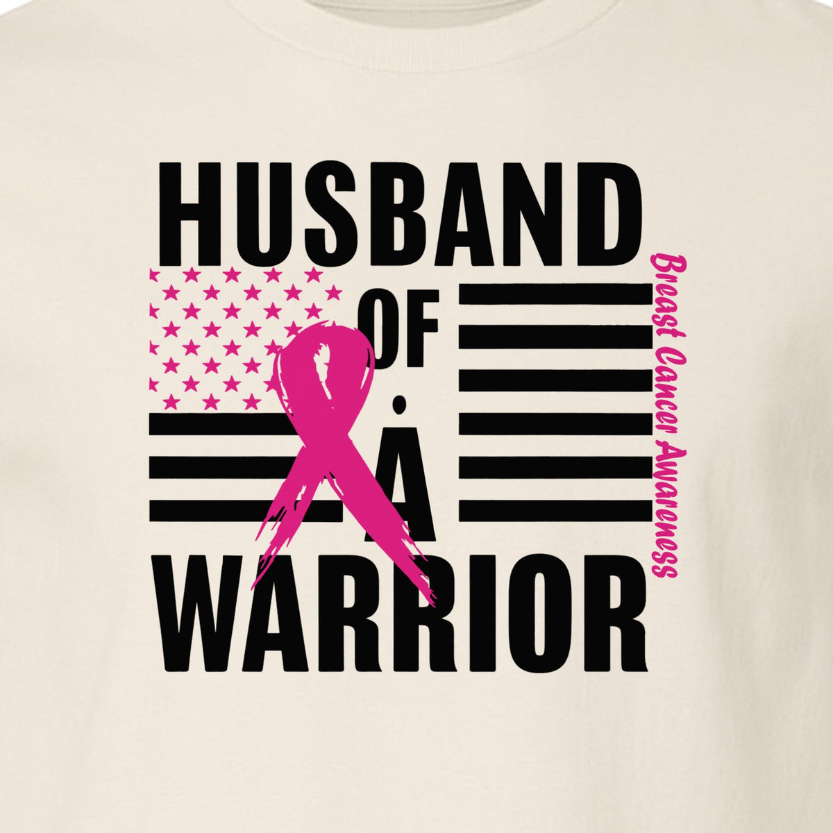 Breast Cancer Awareness T-Shirt, Husband of a Warrior Pink Ribbon USA Flag Graphic for Supportive Spouses