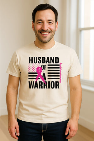 Breast Cancer Awareness T-Shirt, Husband of a Warrior Pink Ribbon USA Flag Graphic for Supportive Spouses