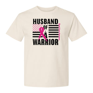Breast Cancer Awareness T-Shirt, Husband of a Warrior Pink Ribbon USA Flag Graphic for Supportive Spouses
