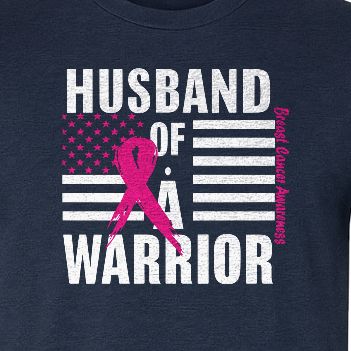 Breast Cancer Awareness T-Shirt, Husband of a Warrior Pink Ribbon USA Flag Graphic for Supportive Spouses