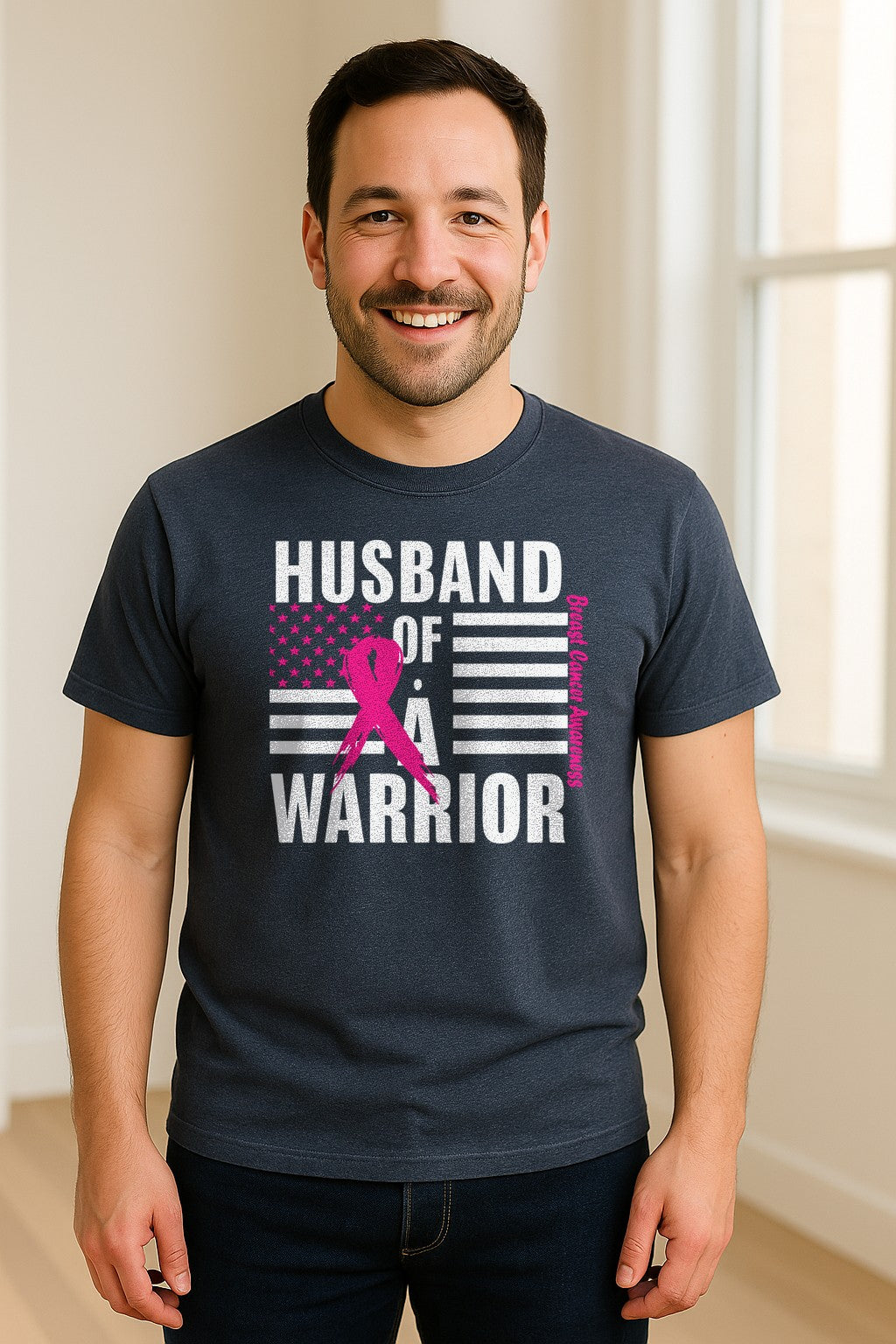 Breast Cancer Awareness T-Shirt, Husband of a Warrior Pink Ribbon USA Flag Graphic for Supportive Spouses