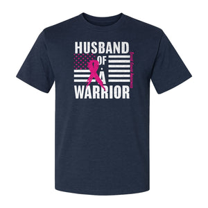 Breast Cancer Awareness T-Shirt, Husband of a Warrior Pink Ribbon USA Flag Graphic for Supportive Spouses