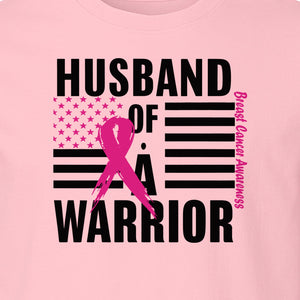 Breast Cancer Awareness T-Shirt, Husband of a Warrior Pink Ribbon USA Flag Graphic for Supportive Spouses