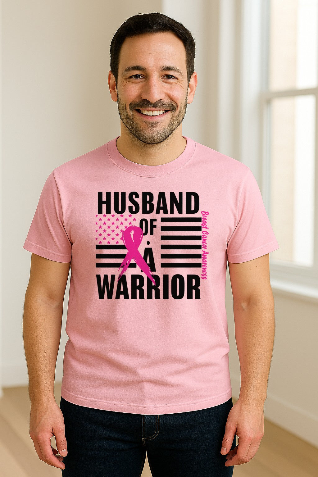 Breast Cancer Awareness T-Shirt, Husband of a Warrior Pink Ribbon USA Flag Graphic for Supportive Spouses