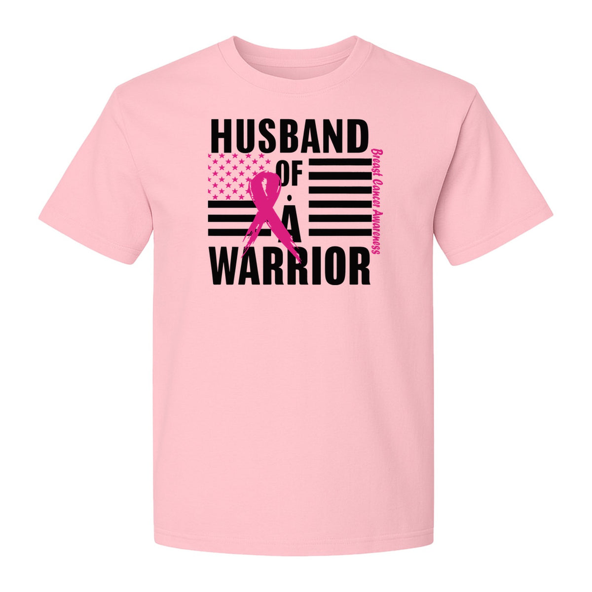 Breast Cancer Awareness T-Shirt, Husband of a Warrior Pink Ribbon USA Flag Graphic for Supportive Spouses