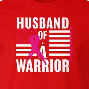 Breast Cancer Awareness T-Shirt, Husband of a Warrior Pink Ribbon USA Flag Graphic for Supportive Spouses