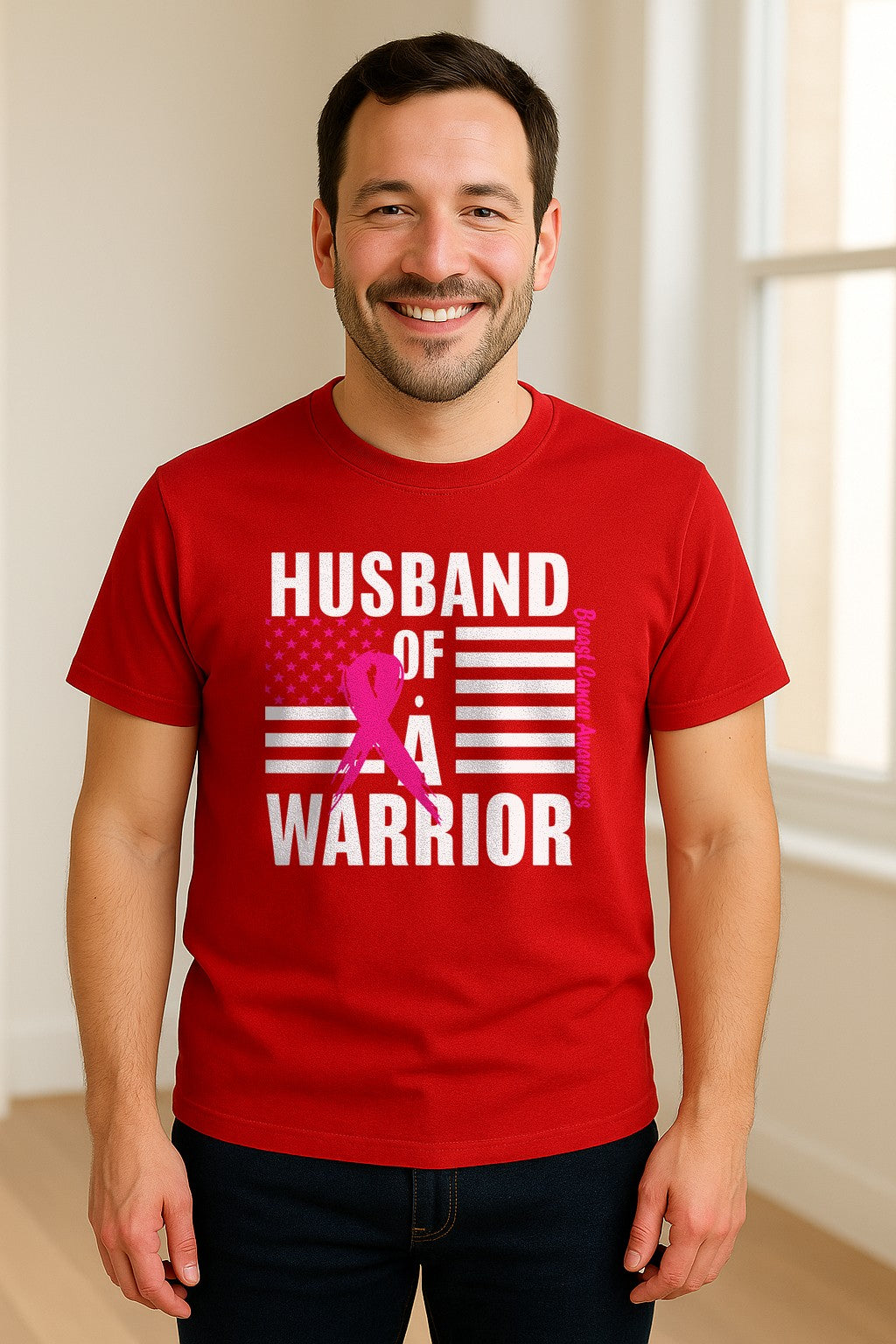 Breast Cancer Awareness T-Shirt, Husband of a Warrior Pink Ribbon USA Flag Graphic for Supportive Spouses