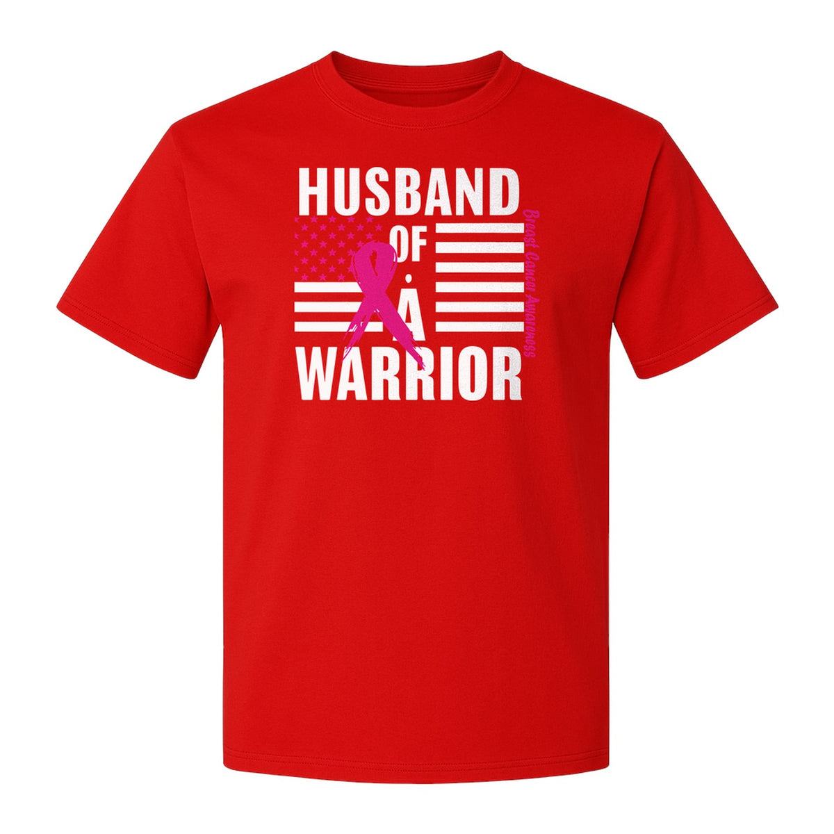 Breast Cancer Awareness T-Shirt, Husband of a Warrior Pink Ribbon USA Flag Graphic for Supportive Spouses