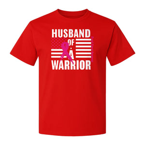 Breast Cancer Awareness T-Shirt, Husband of a Warrior Pink Ribbon USA Flag Graphic for Supportive Spouses