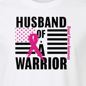 Breast Cancer Awareness T-Shirt, Husband of a Warrior Pink Ribbon USA Flag Graphic for Supportive Spouses
