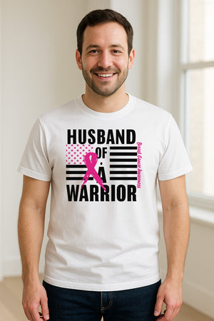 Breast Cancer Awareness T-Shirt, Husband of a Warrior Pink Ribbon USA Flag Graphic for Supportive Spouses