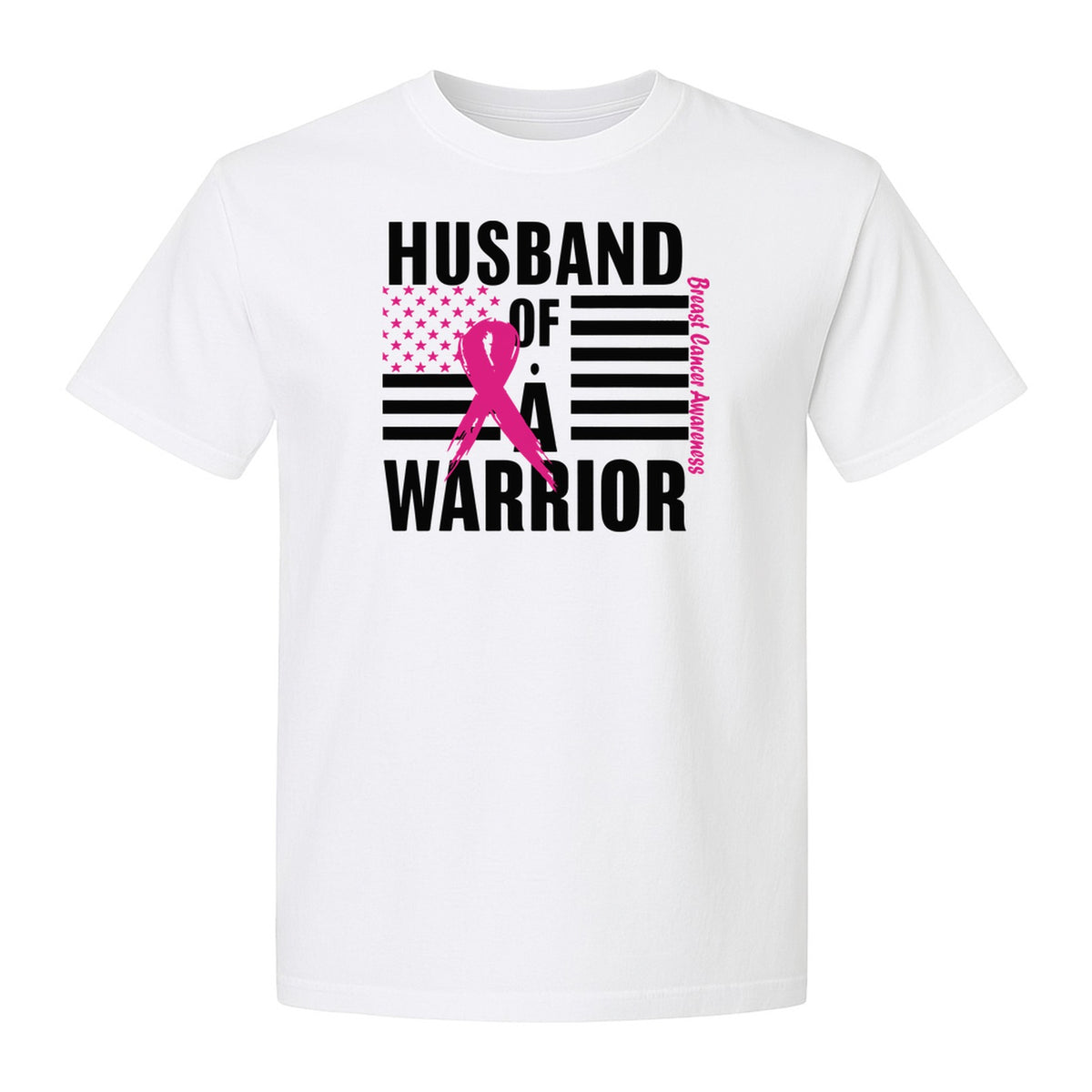 Breast Cancer Awareness T-Shirt, Husband of a Warrior Pink Ribbon USA Flag Graphic for Supportive Spouses