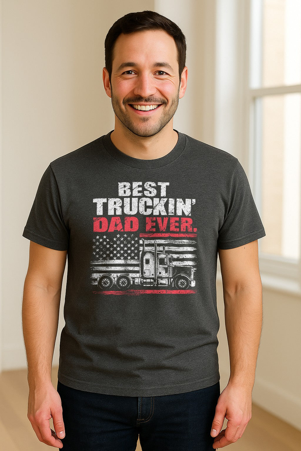 Truckin' Dad T-Shirt, Patriotic Semi Truck Design for Father's Day and Trucker Gifts