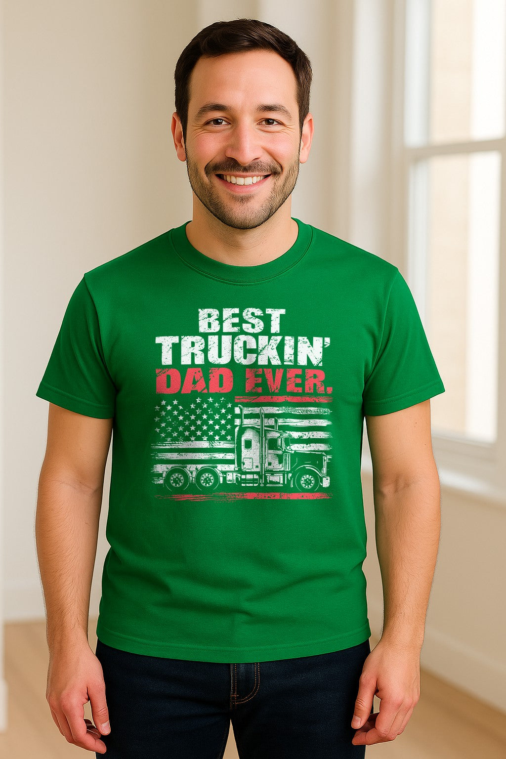 Truckin' Dad T-Shirt, Patriotic Semi Truck Design for Father's Day and Trucker Gifts