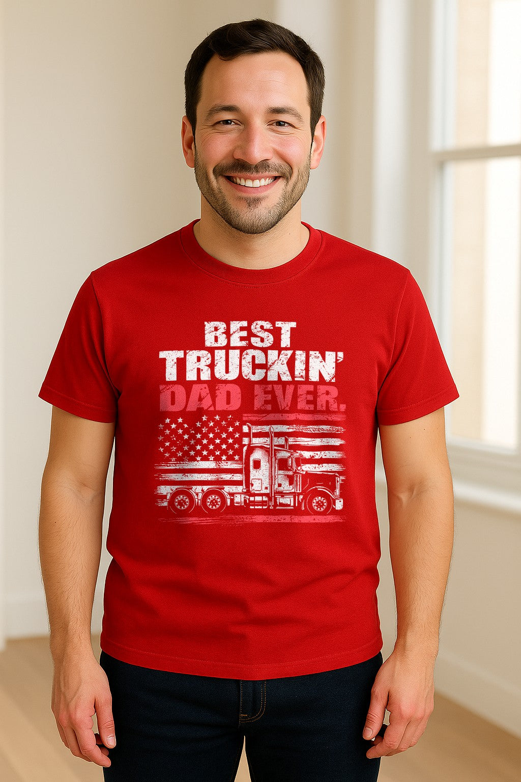 Truckin' Dad T-Shirt, Patriotic Semi Truck Design for Father's Day and Trucker Gifts
