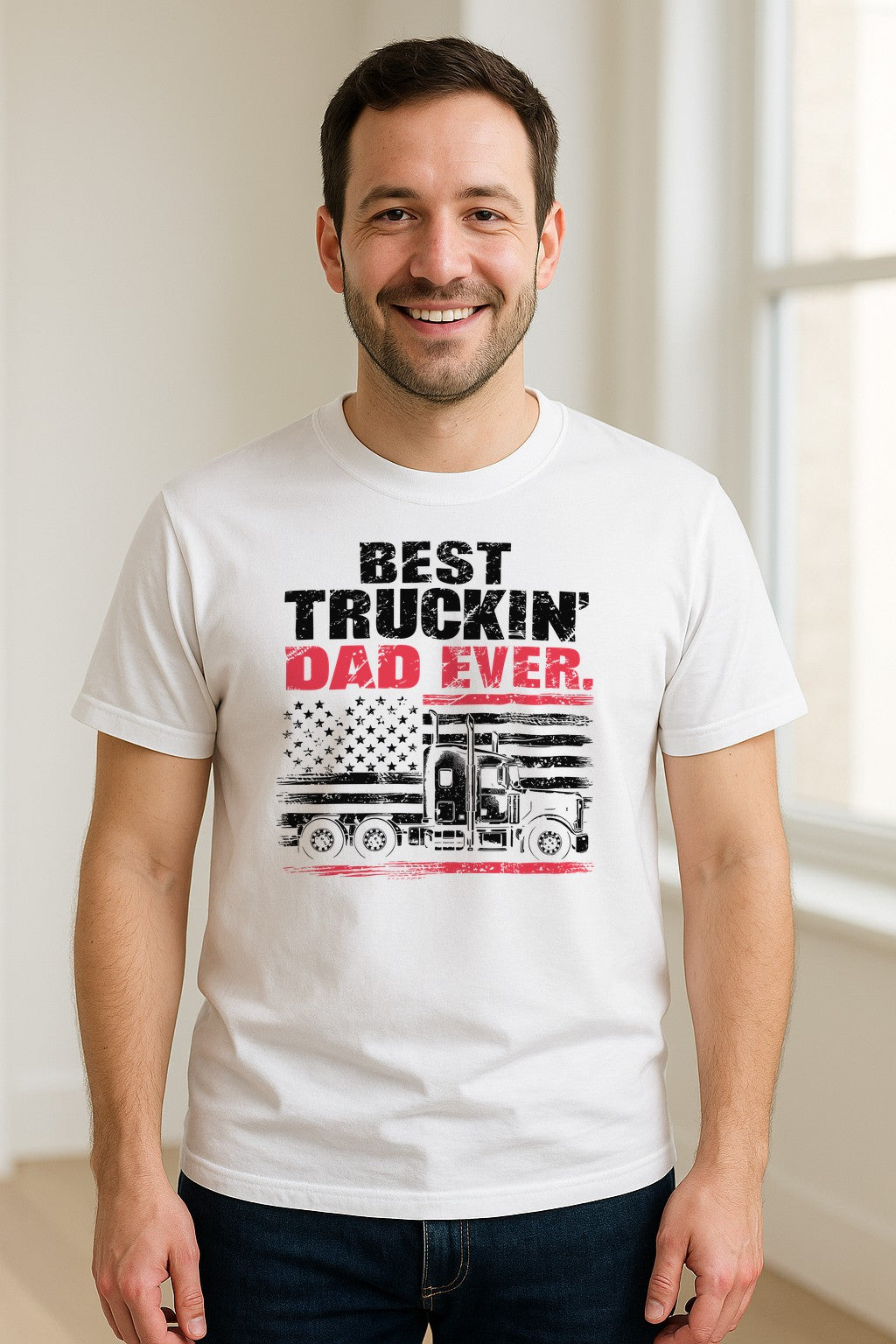 Truckin' Dad T-Shirt, Patriotic Semi Truck Design for Father's Day and Trucker Gifts