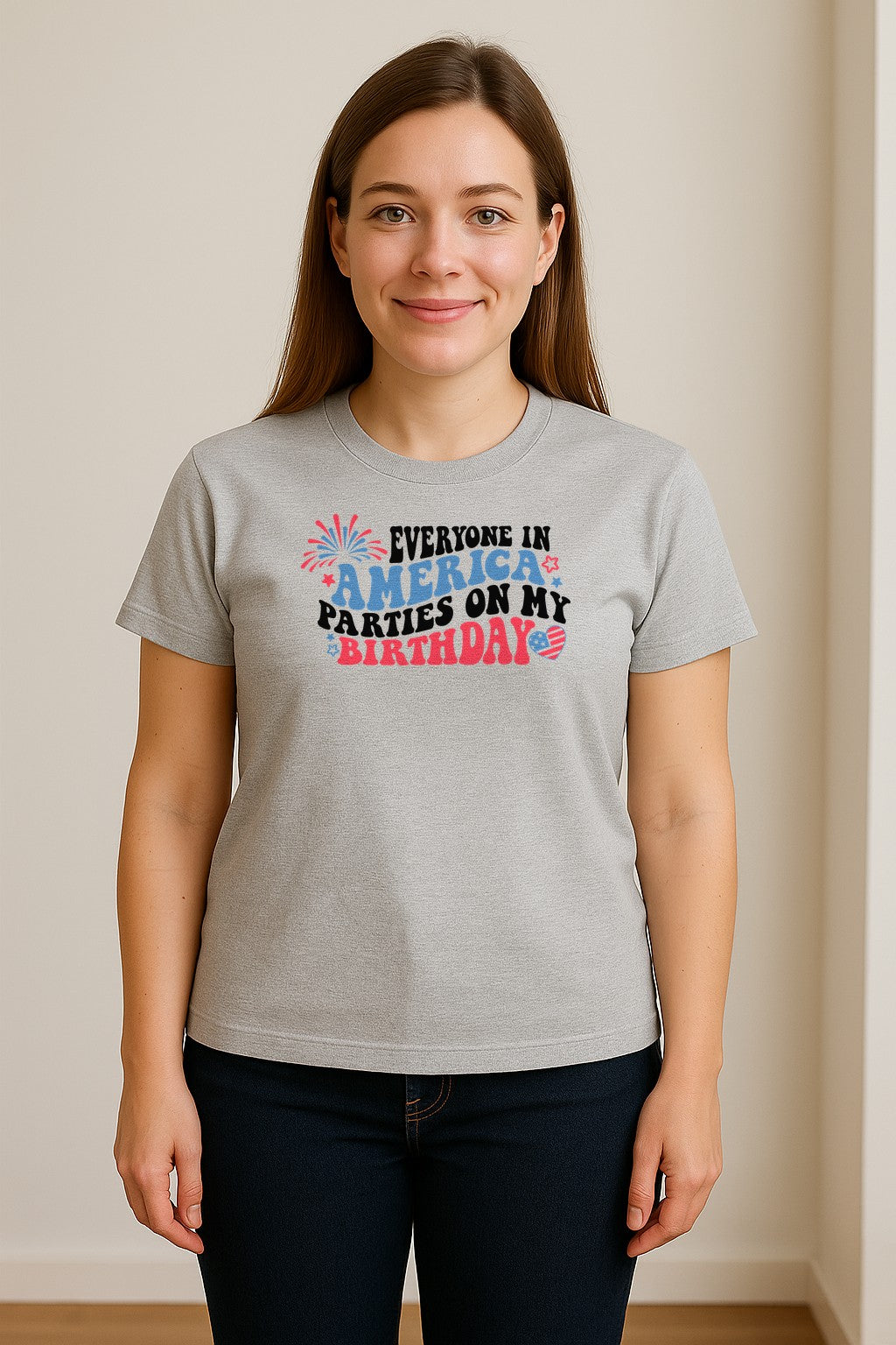 Everyone in America Parties on My Birthday T-Shirt, Patriotic 4th of July Fireworks Design