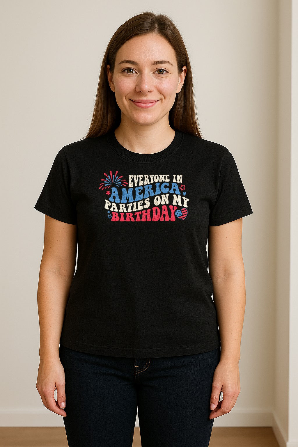 Everyone in America Parties on My Birthday T-Shirt, Patriotic 4th of July Fireworks Design