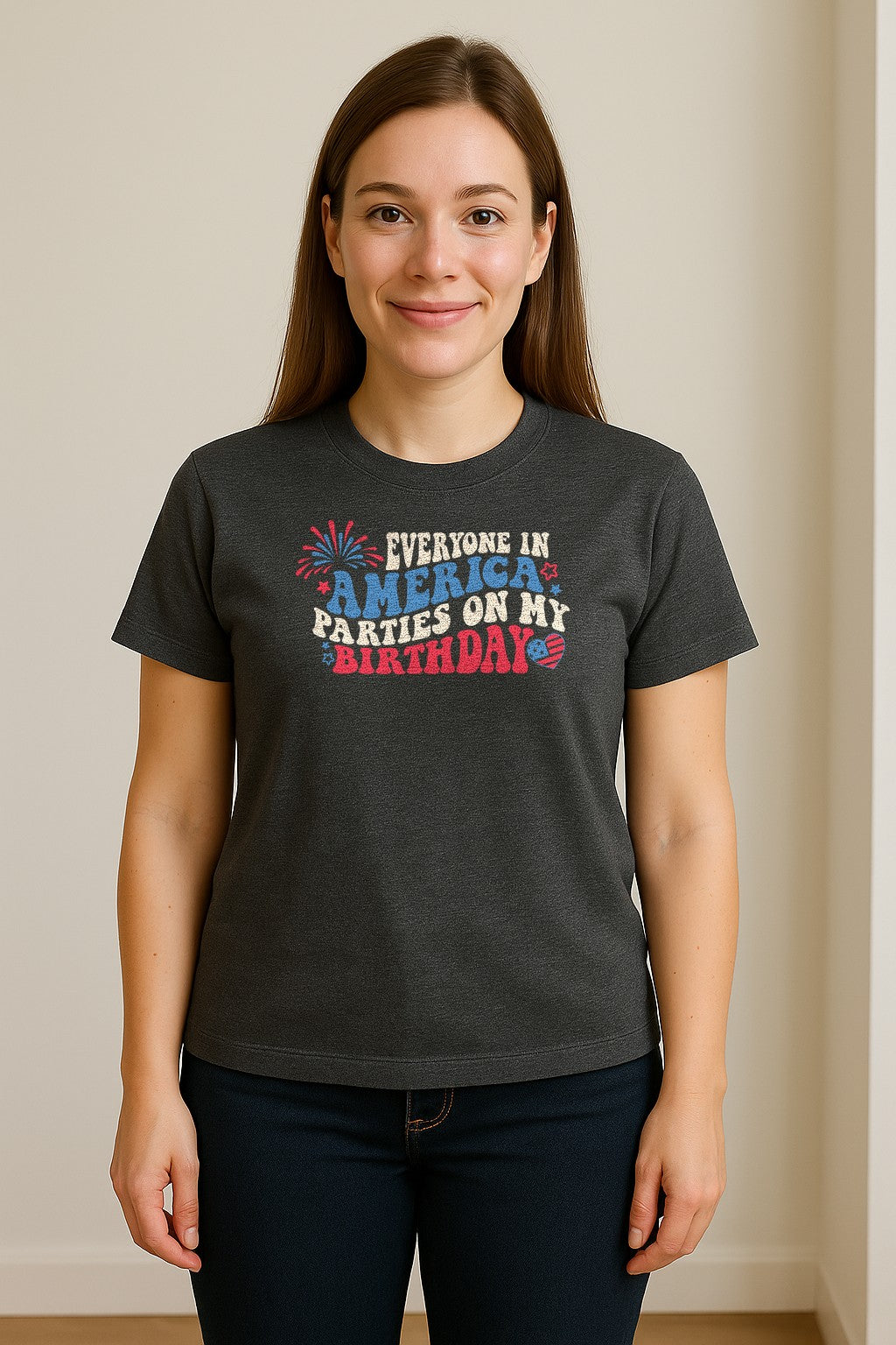 Everyone in America Parties on My Birthday T-Shirt, Patriotic 4th of July Fireworks Design