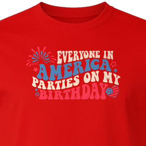 Everyone in America Parties on My Birthday T-Shirt, Patriotic 4th of July Fireworks Design