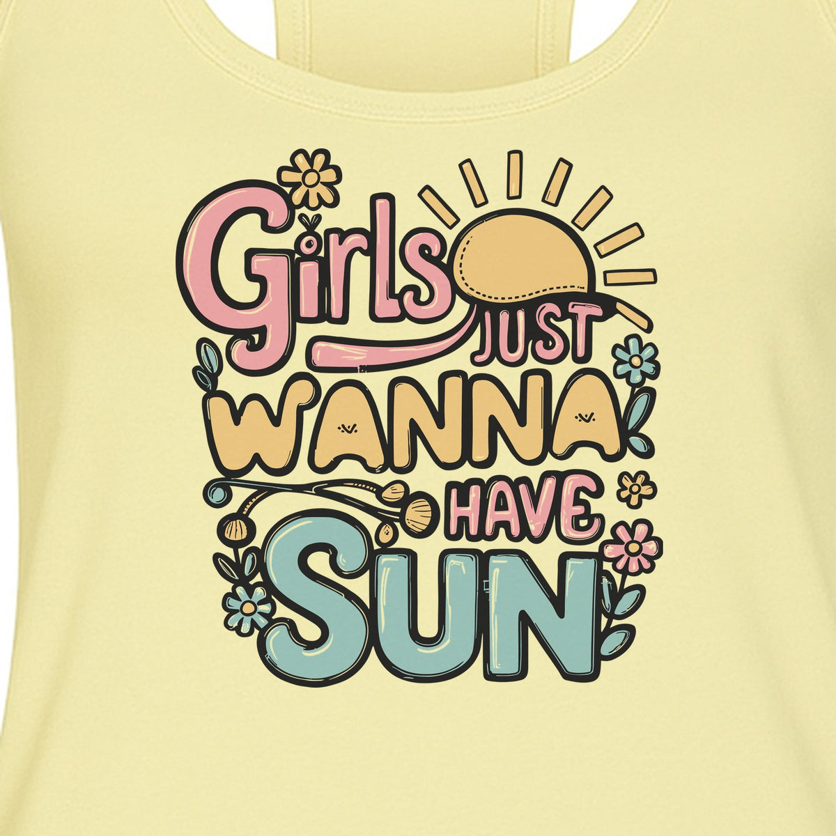 Girls Just Wanna Have Sun Women's Racerback Tank Top, Retro Sunshine Floral Beach Party Design