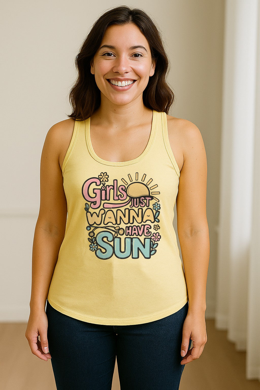 Girls Just Wanna Have Sun Women's Racerback Tank Top, Retro Sunshine Floral Beach Party Design