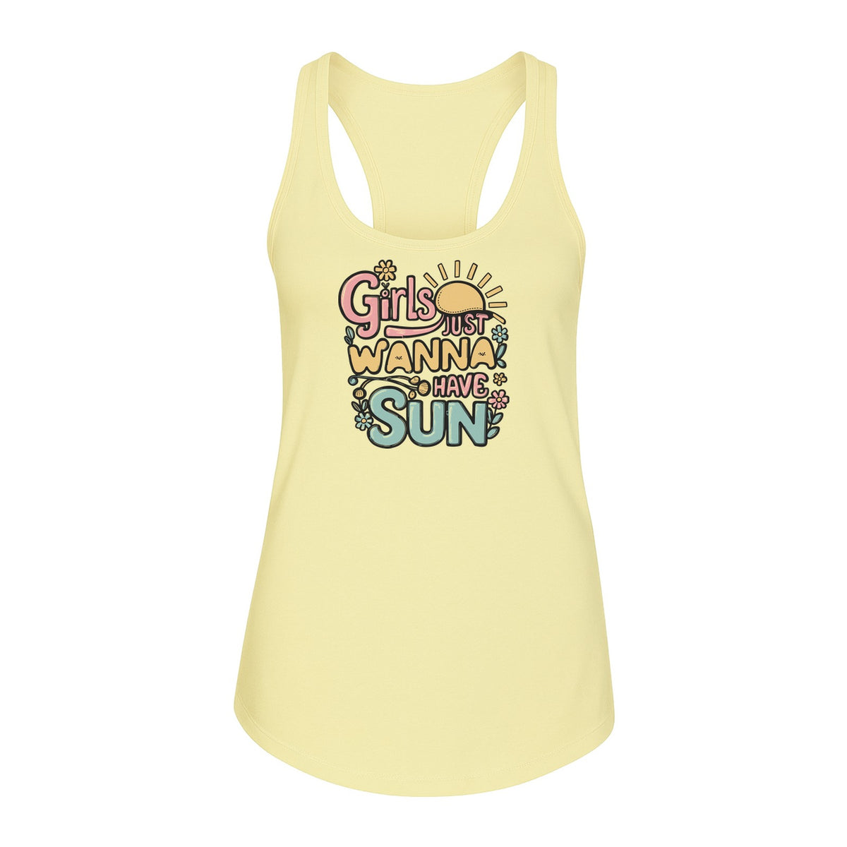 Girls Just Wanna Have Sun Women's Racerback Tank Top, Retro Sunshine Floral Beach Party Design