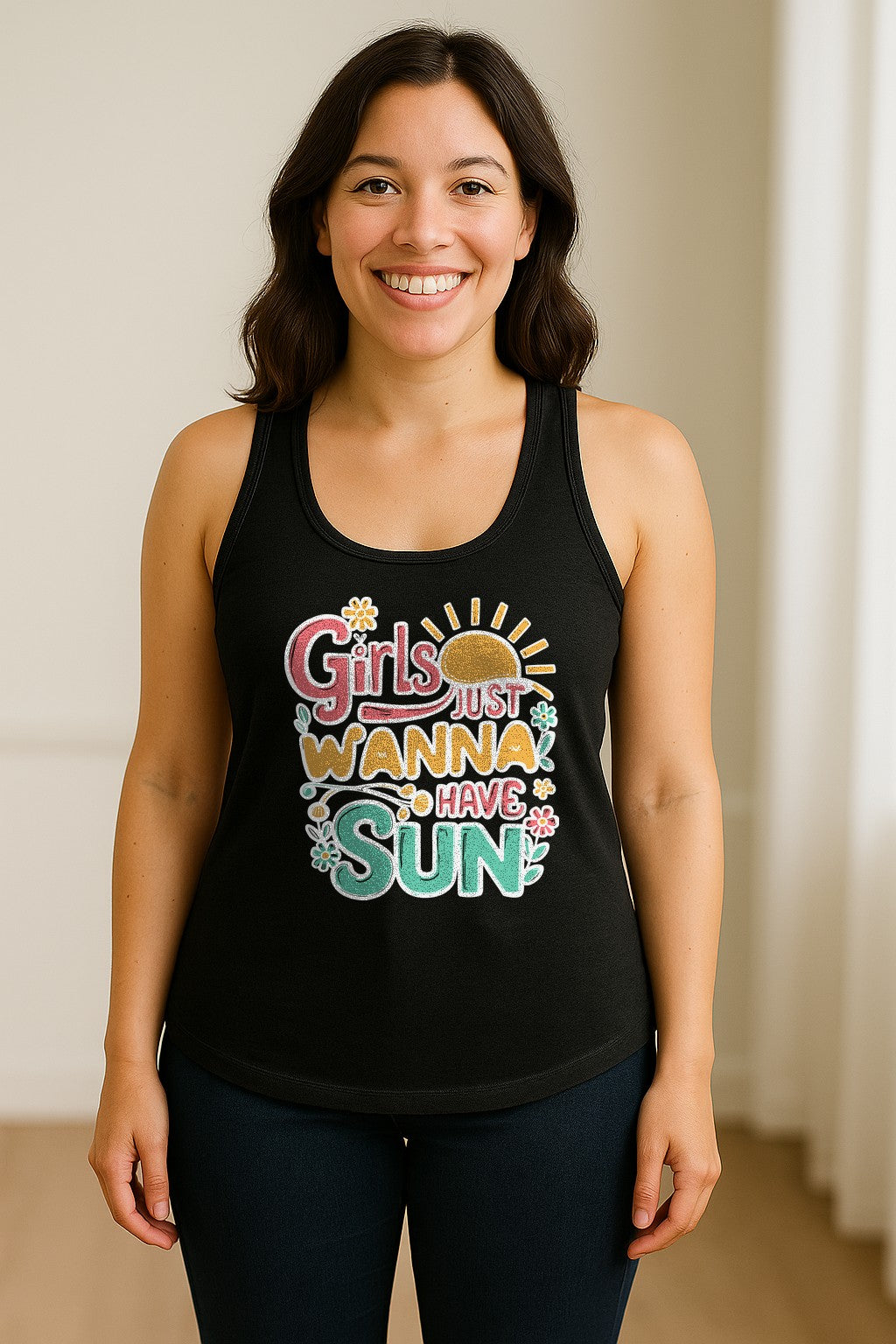 Girls Just Wanna Have Sun Women's Racerback Tank Top, Retro Sunshine Floral Beach Party Design