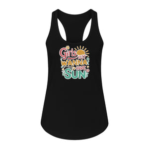 Girls Just Wanna Have Sun Women's Racerback Tank Top, Retro Sunshine Floral Beach Party Design