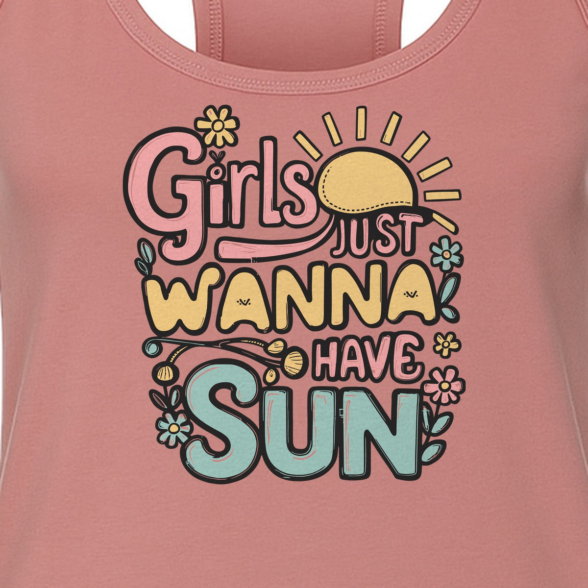 Girls Just Wanna Have Sun Women's Racerback Tank Top, Retro Sunshine Floral Beach Party Design