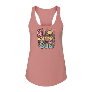 Girls Just Wanna Have Sun Women's Racerback Tank Top, Retro Sunshine Floral Beach Party Design