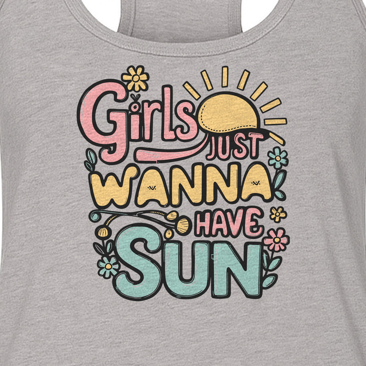 Girls Just Wanna Have Sun Women's Racerback Tank Top, Retro Sunshine Floral Beach Party Design