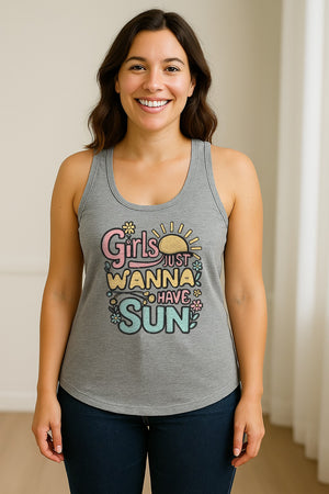 Girls Just Wanna Have Sun Women's Racerback Tank Top, Retro Sunshine Floral Beach Party Design
