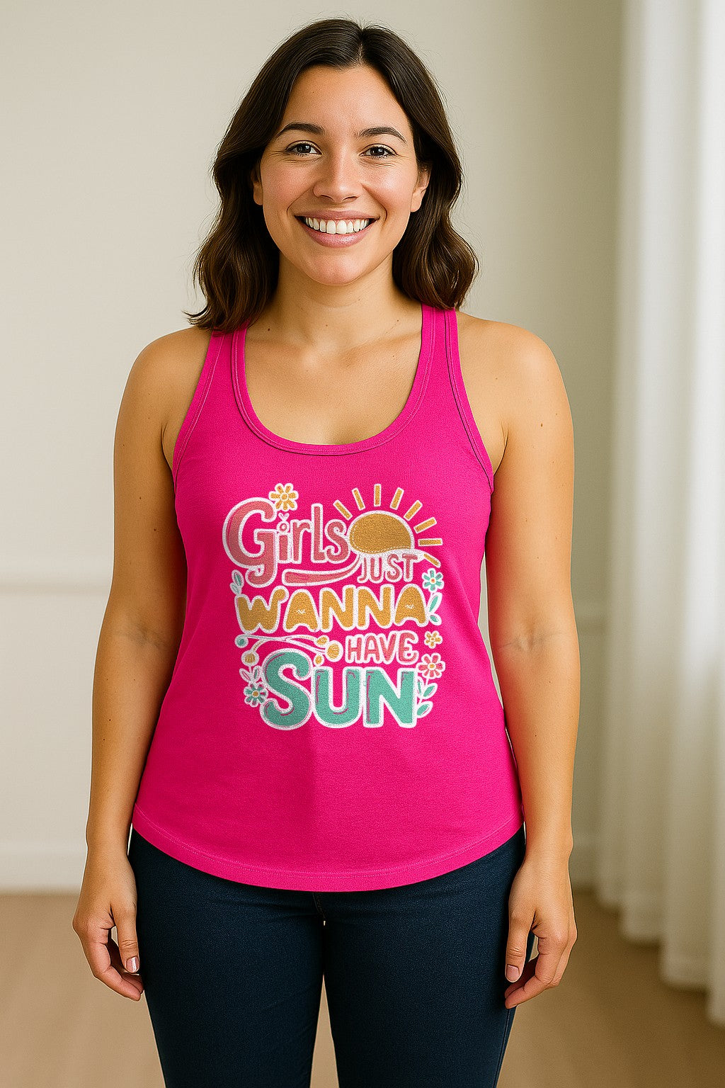 Girls Just Wanna Have Sun Women's Racerback Tank Top, Retro Sunshine Floral Beach Party Design