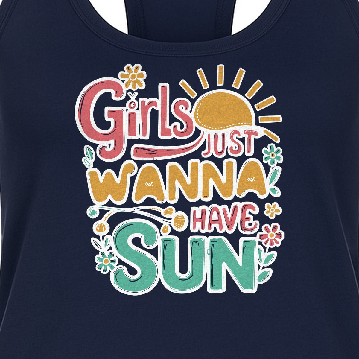 Girls Just Wanna Have Sun Women's Racerback Tank Top, Retro Sunshine Floral Beach Party Design