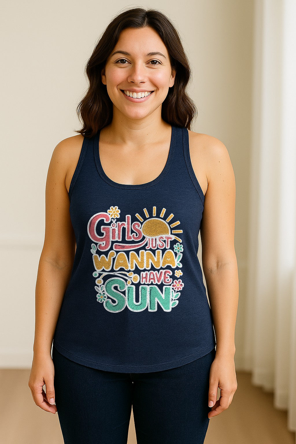 Girls Just Wanna Have Sun Women's Racerback Tank Top, Retro Sunshine Floral Beach Party Design