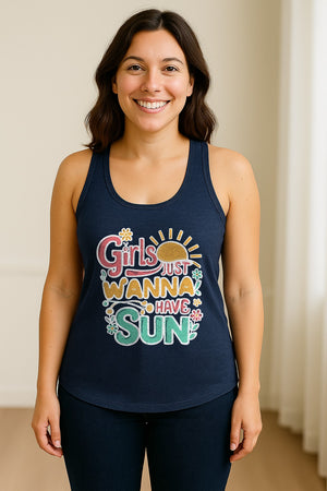 Girls Just Wanna Have Sun Women's Racerback Tank Top, Retro Sunshine Floral Beach Party Design
