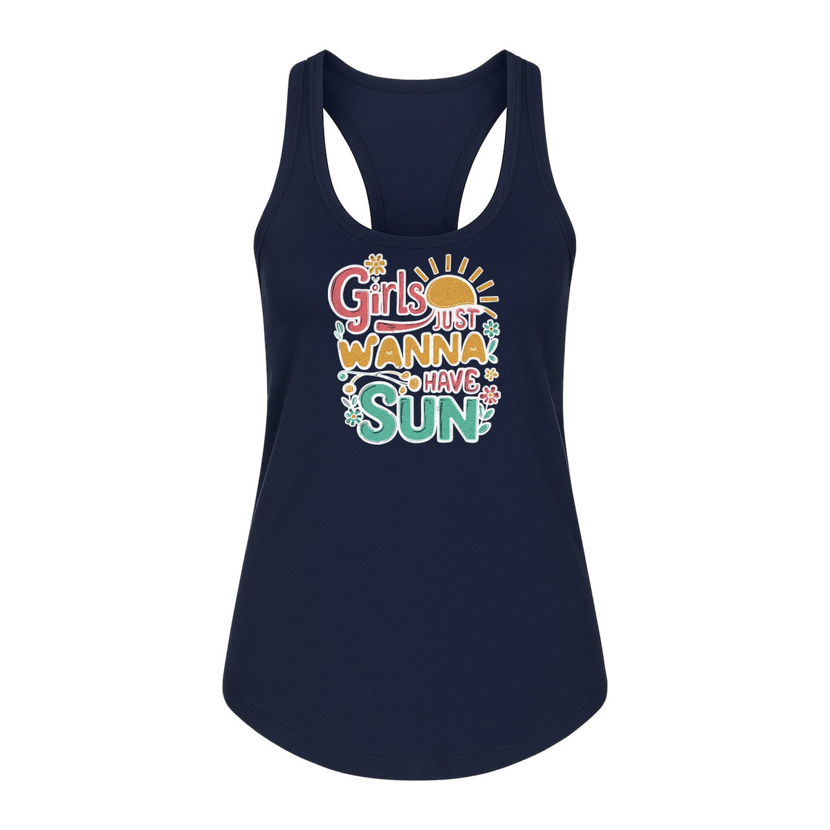Girls Just Wanna Have Sun Women's Racerback Tank Top, Retro Sunshine Floral Beach Party Design