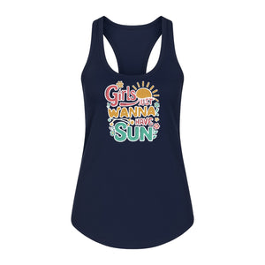 Girls Just Wanna Have Sun Women's Racerback Tank Top, Retro Sunshine Floral Beach Party Design