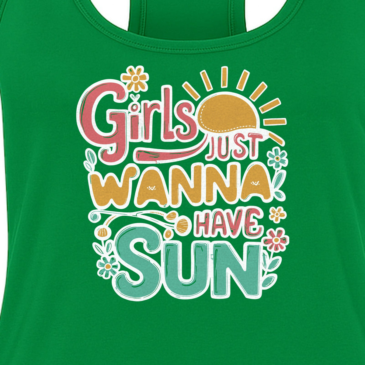 Girls Just Wanna Have Sun Women's Racerback Tank Top, Retro Sunshine Floral Beach Party Design