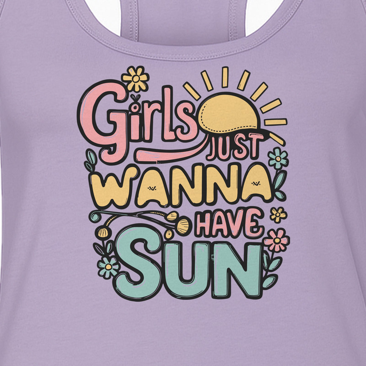 Girls Just Wanna Have Sun Women's Racerback Tank Top, Retro Sunshine Floral Beach Party Design