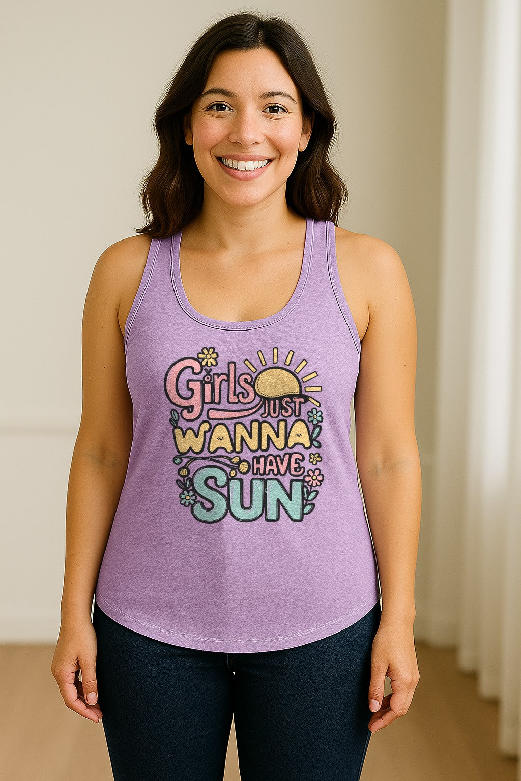 Girls Just Wanna Have Sun Women's Racerback Tank Top, Retro Sunshine Floral Beach Party Design