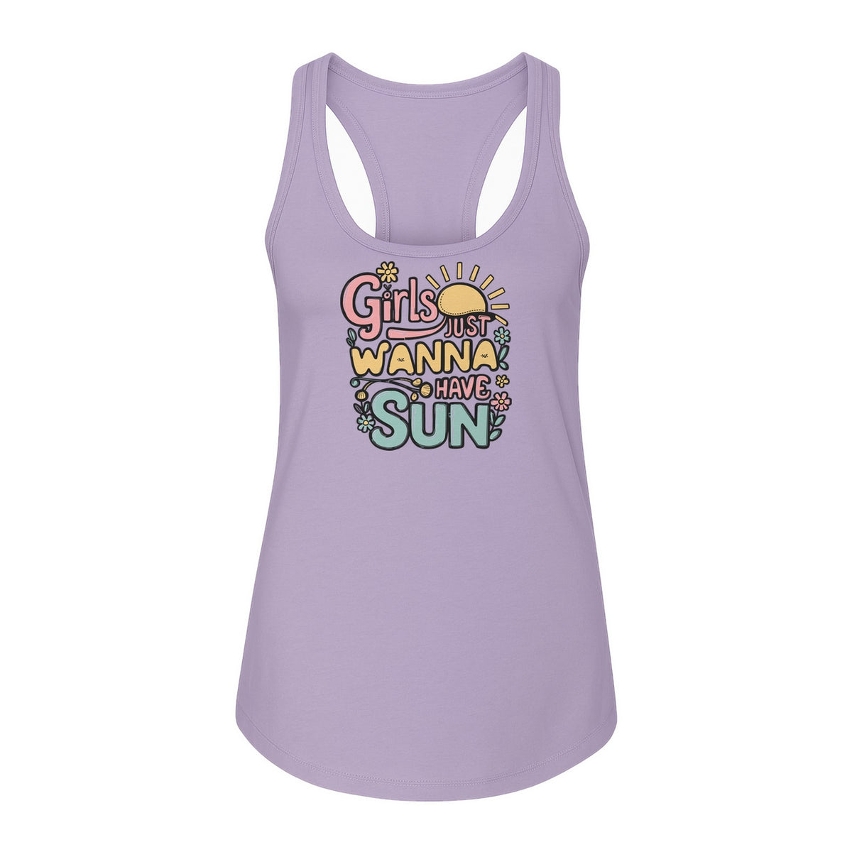 Girls Just Wanna Have Sun Women's Racerback Tank Top, Retro Sunshine Floral Beach Party Design