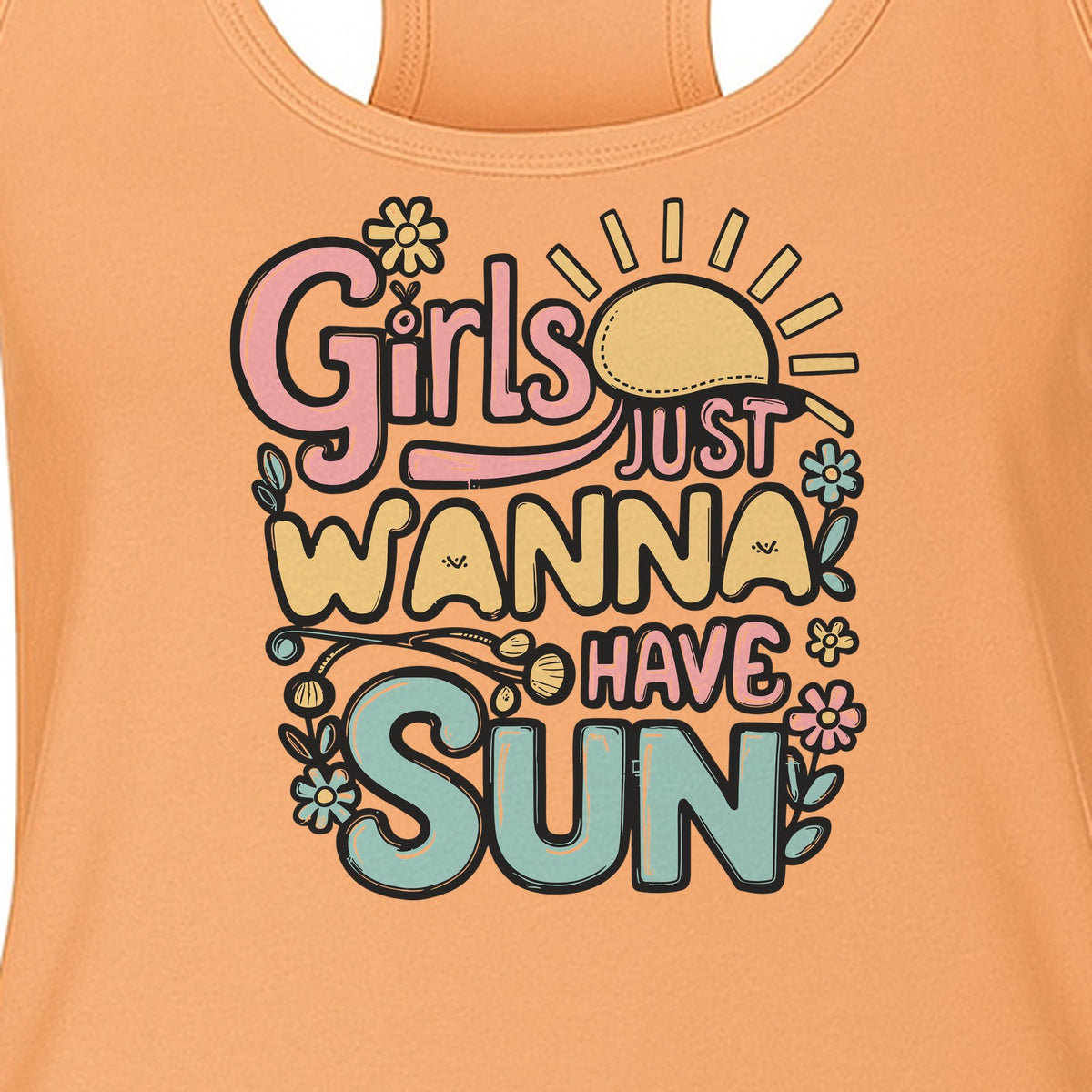 Girls Just Wanna Have Sun Women's Racerback Tank Top, Retro Sunshine Floral Beach Party Design