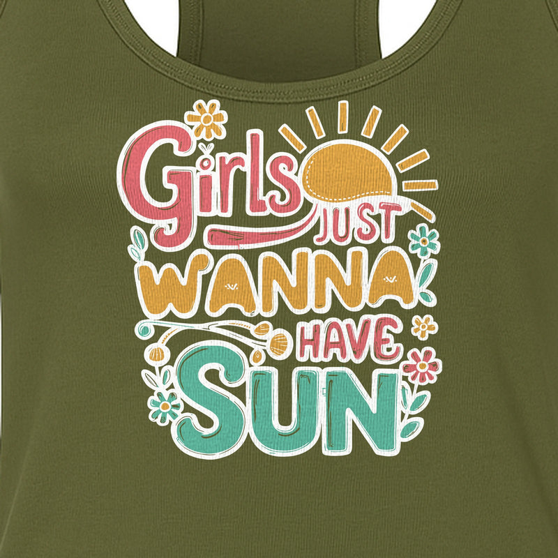 Girls Just Wanna Have Sun Women's Racerback Tank Top, Retro Sunshine Floral Beach Party Design