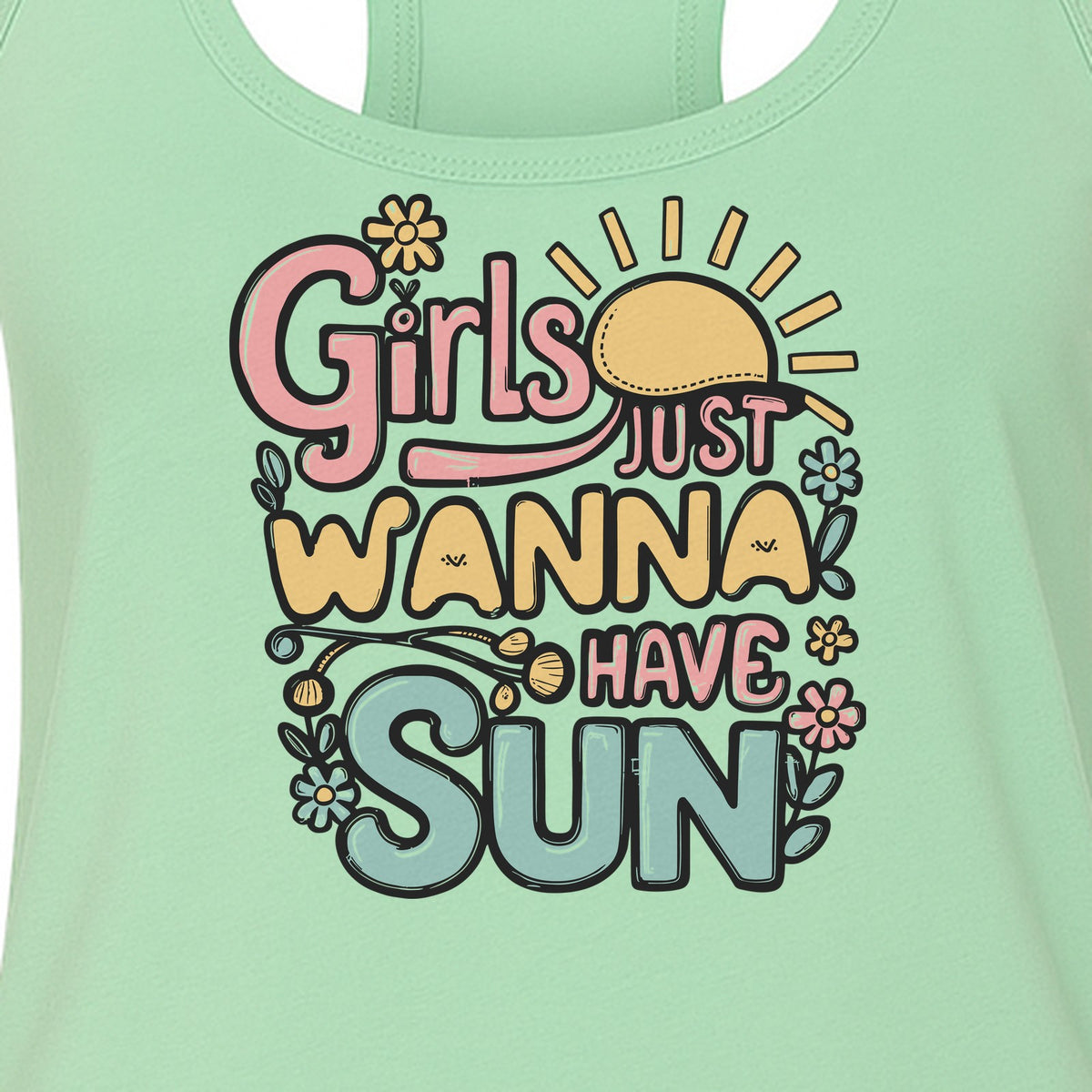 Girls Just Wanna Have Sun Women's Racerback Tank Top, Retro Sunshine Floral Beach Party Design