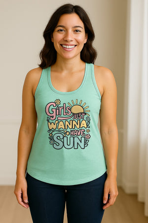 Girls Just Wanna Have Sun Women's Racerback Tank Top, Retro Sunshine Floral Beach Party Design