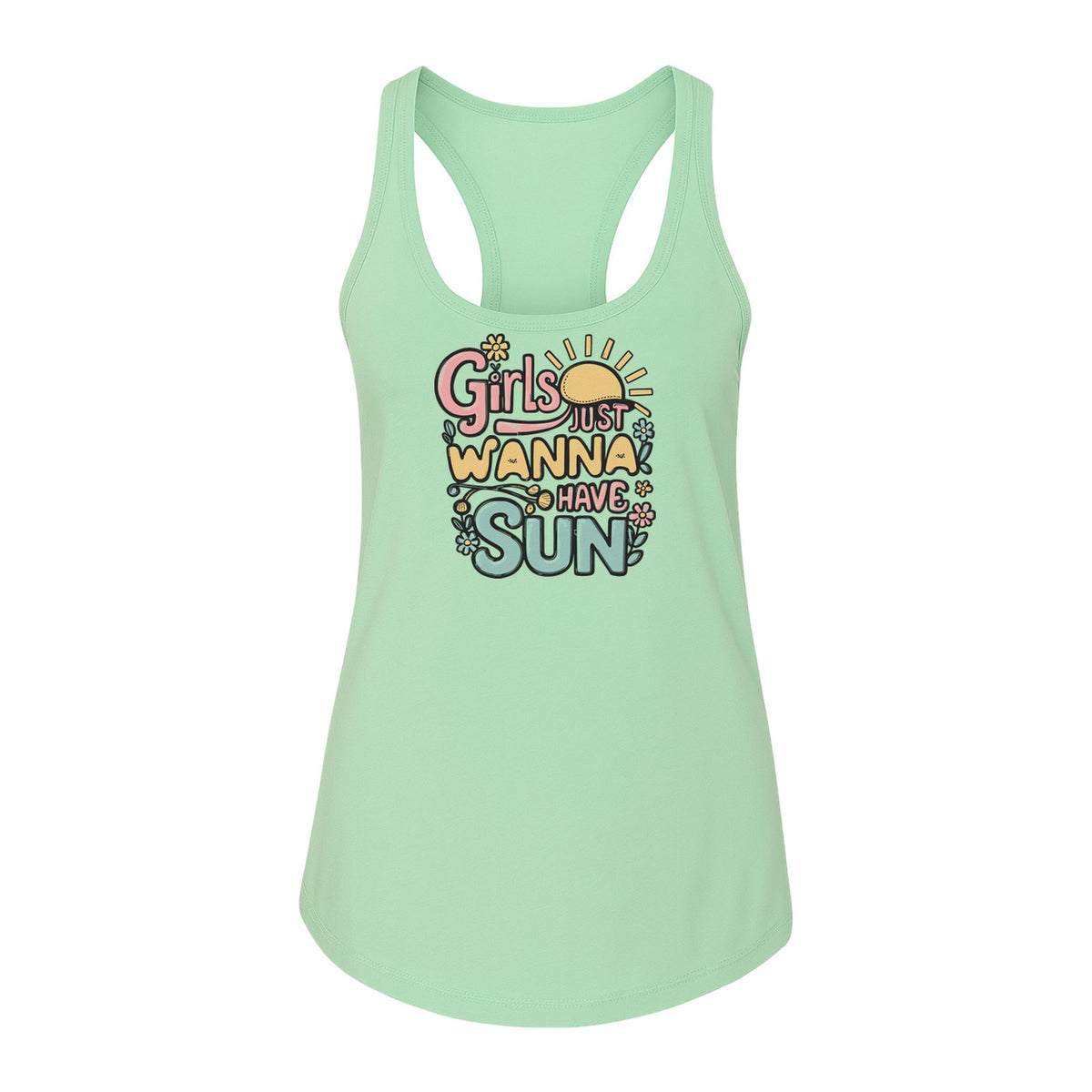 Girls Just Wanna Have Sun Women's Racerback Tank Top, Retro Sunshine Floral Beach Party Design