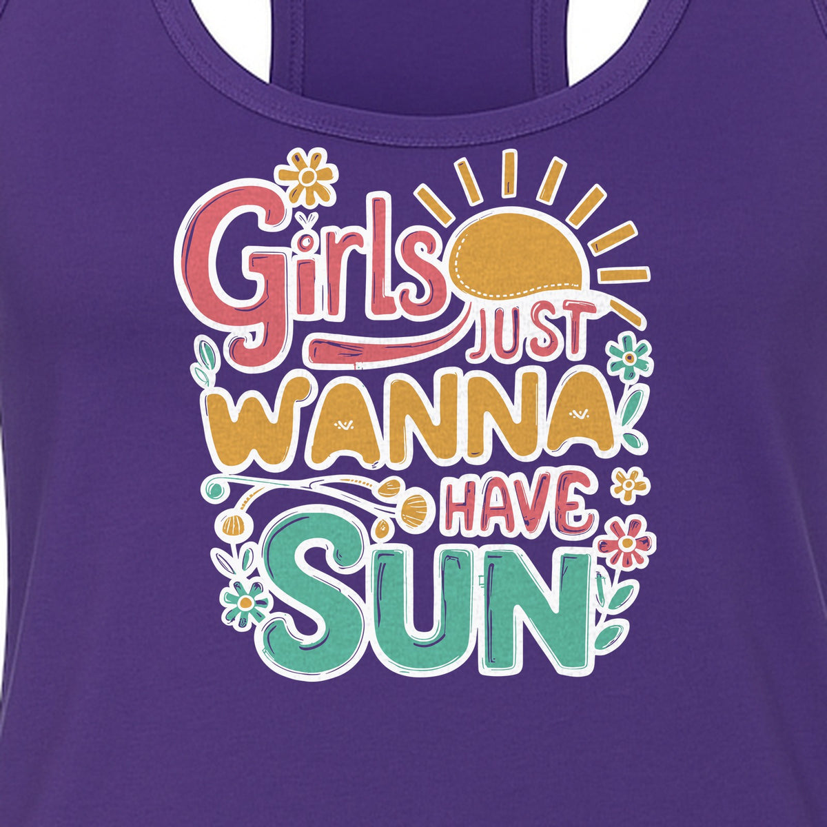 Girls Just Wanna Have Sun Women's Racerback Tank Top, Retro Sunshine Floral Beach Party Design