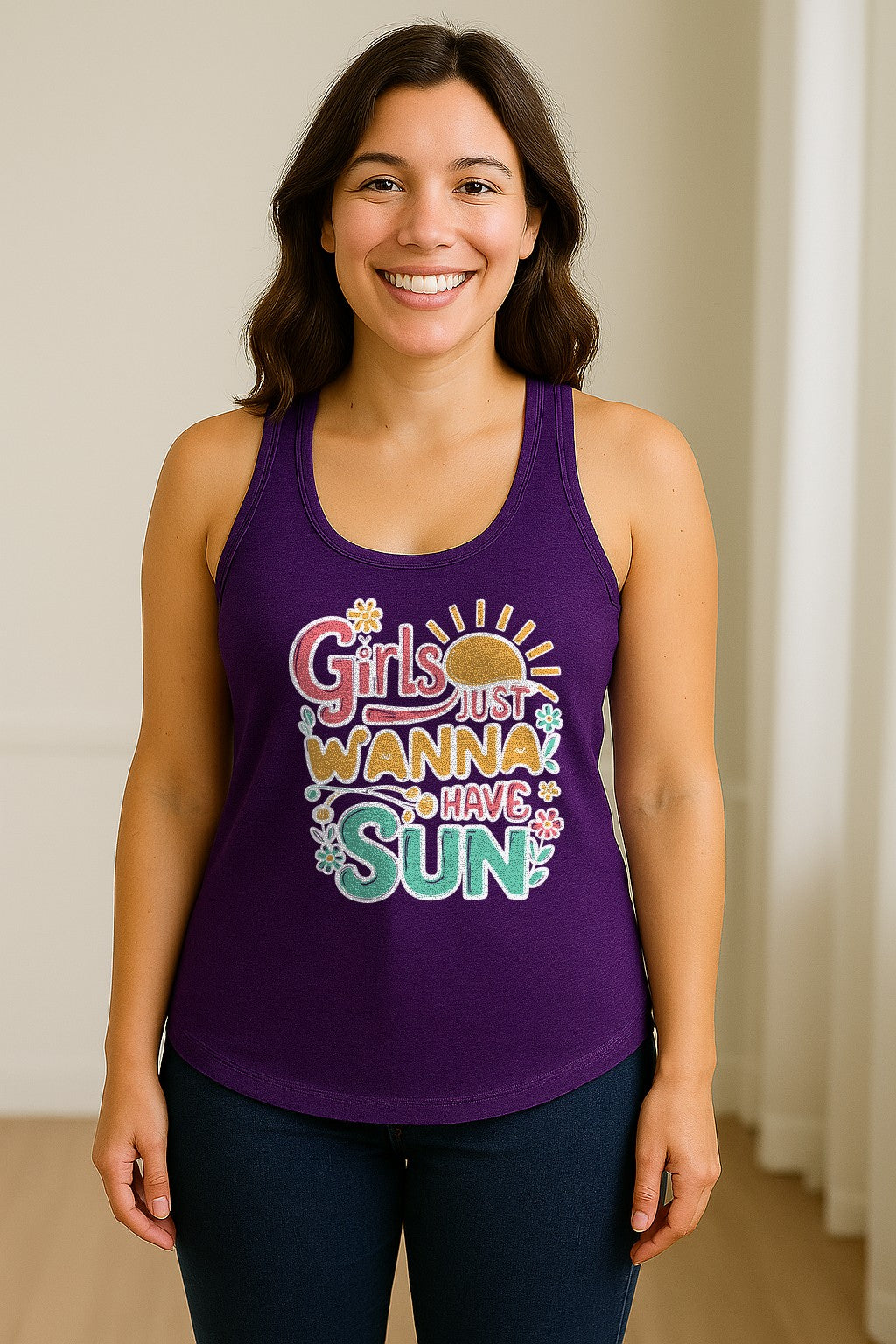 Girls Just Wanna Have Sun Women's Racerback Tank Top, Retro Sunshine Floral Beach Party Design